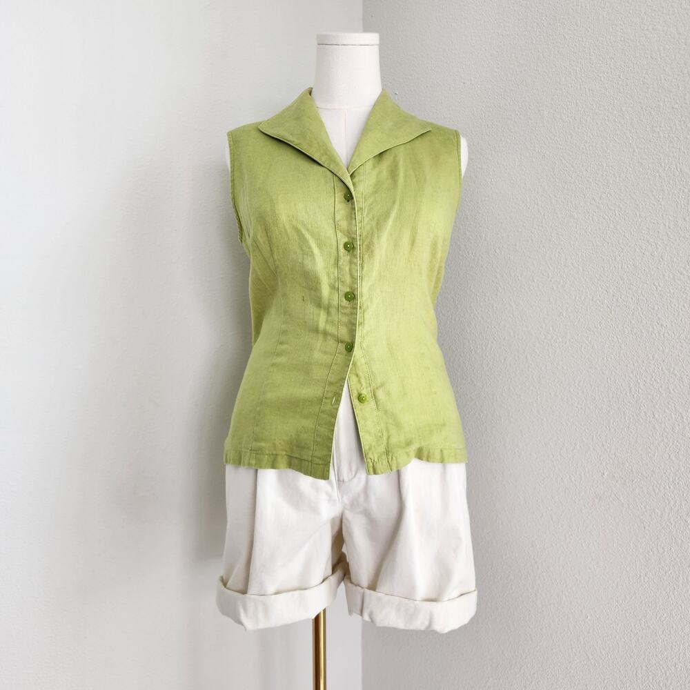 Vintage Y2K Lime Green Linen Sleeveless Button Up Collared Vest Top Kim Rogers M
